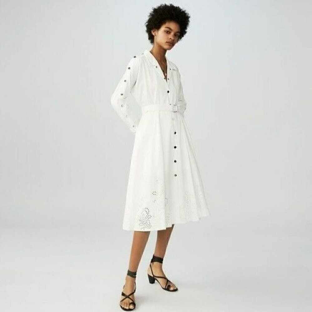 MAJE Renaline White Shirtdress Woman's Sz 1 (Small)  Belted Snap Front Dress NWT